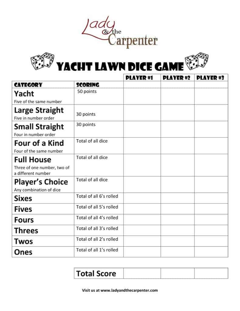 Yacht Dice Game Scoring Printable a k a Yard Yahtzee Yacht Dice Game Scoring Printable a k a Yard Yahtzee